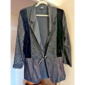 Vintage 80s Judy Knapp Black Blazer SZ M Velvet Lace Sequin Retro Goth